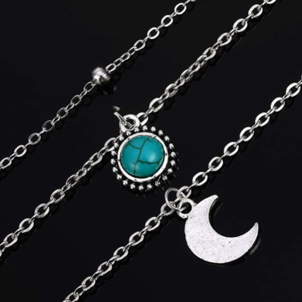 Boho Silver Moon Pendant Turquoise Layered Necklace